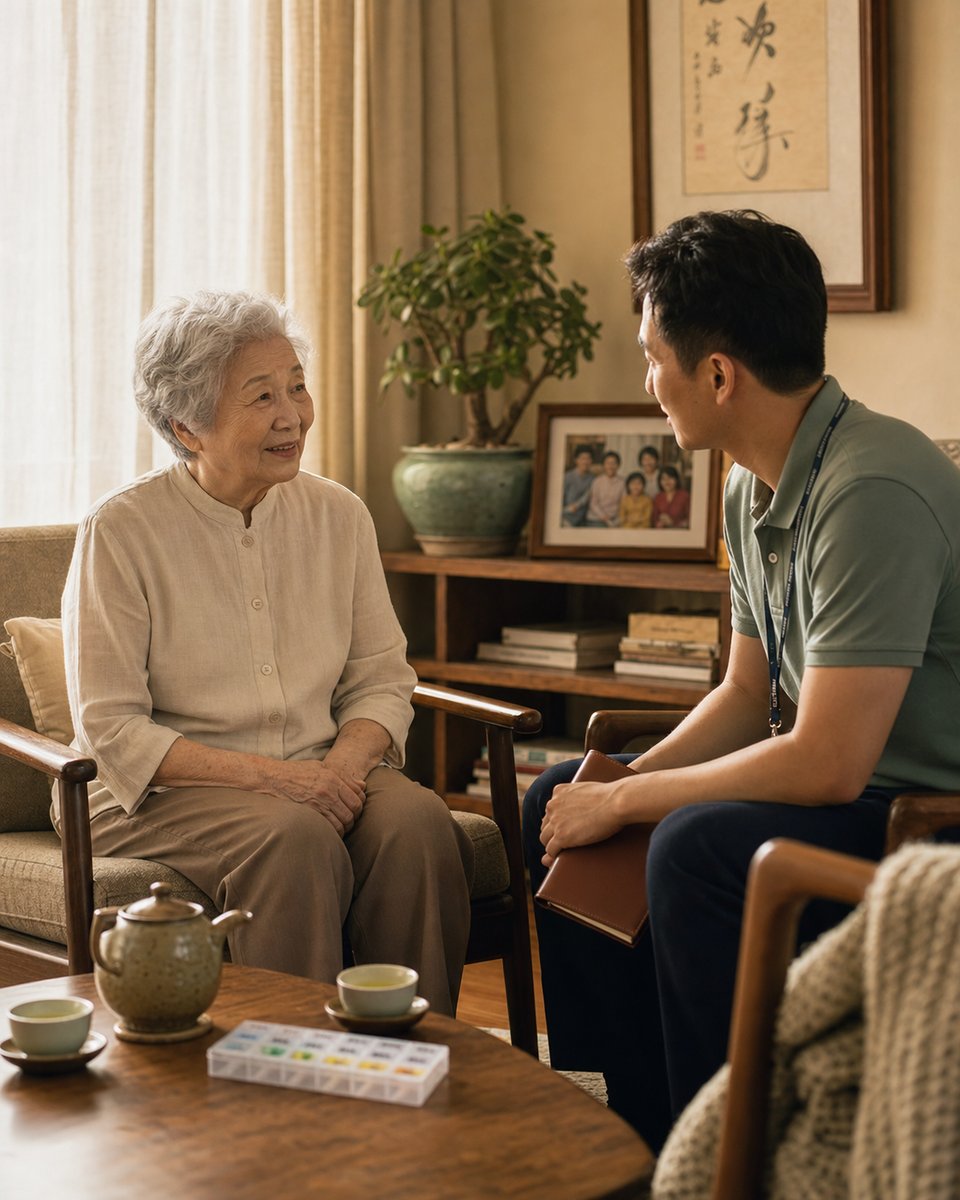 A nurse providing gentle in-home aged care to an older Australian client
