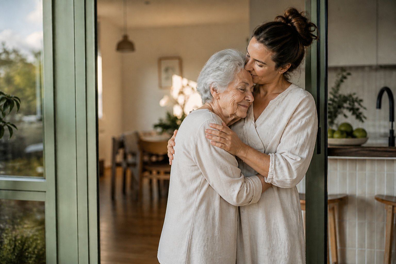 An adult daughter embracing her older mother in a moment of warmth at home