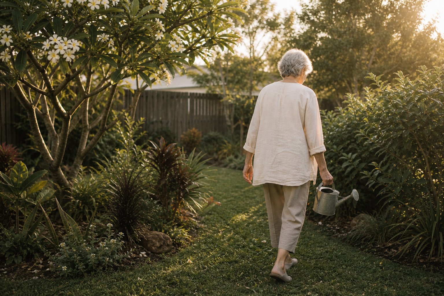 An older Australian woman walking through her own garden in soft late afternoon light