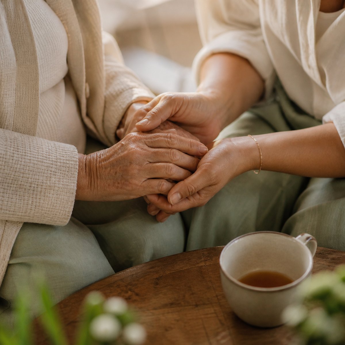 An older woman's hands gently held by a younger pair of hands in conversation