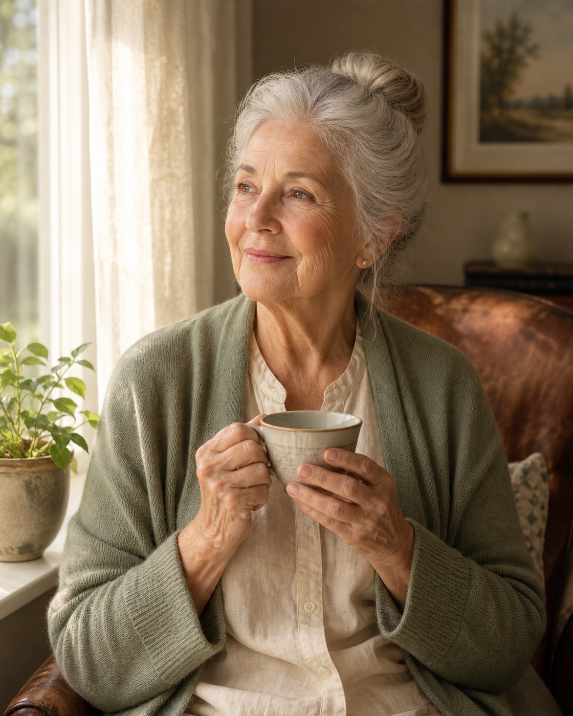 An older Australian at home, gentle morning light, holding a cup of tea by a window