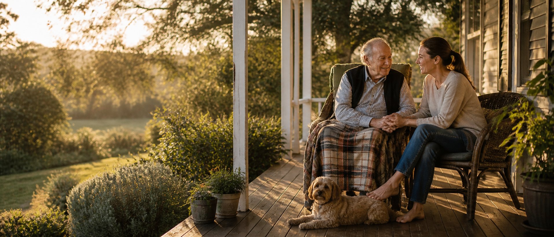 An older person and their adult child sharing a quiet moment at home, warm afternoon light